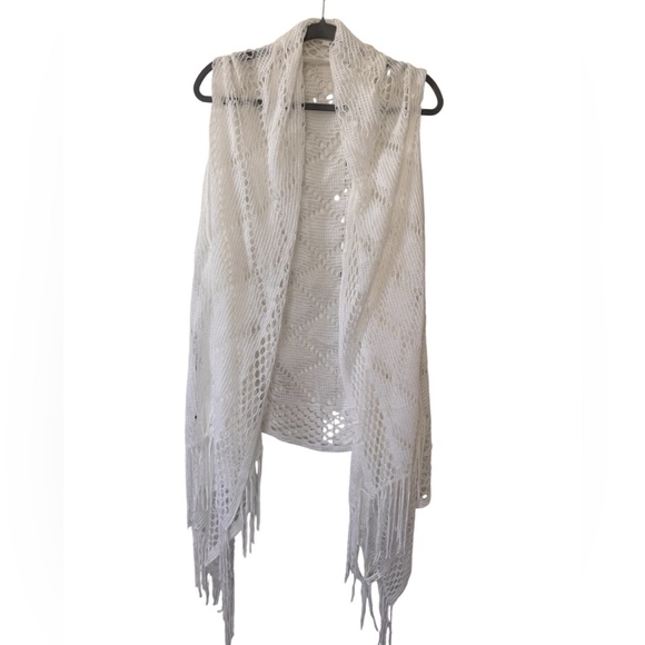No Brand Other - White Fringe Open Knit Lace Shawl Vest No Size See pics for measurements Boho